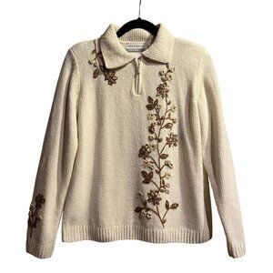 Vintage Womens Chenille Sweater Cottagecore Floral Embroidery Size Petite